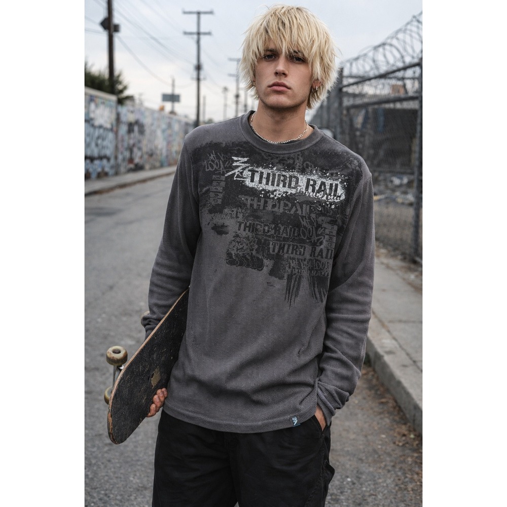 Third Rail XXL Waffle Knit Thermal Long Sleeve Shirt Gray‎ Graphic